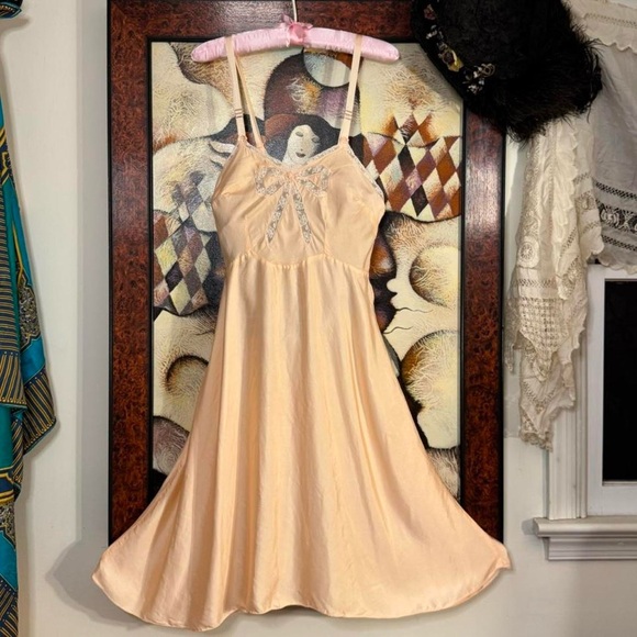 Vintage antique 30s rare art deco insertion lace bow midi slip dress bias cut - Picture 3 of 8